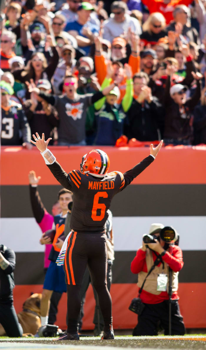 Browns quarterback Baker Mayfield celebrates a touchdown against the Seahawks, 2019. Mayfield found some success but couldn't become the next great starting quarterback for the franchise.
